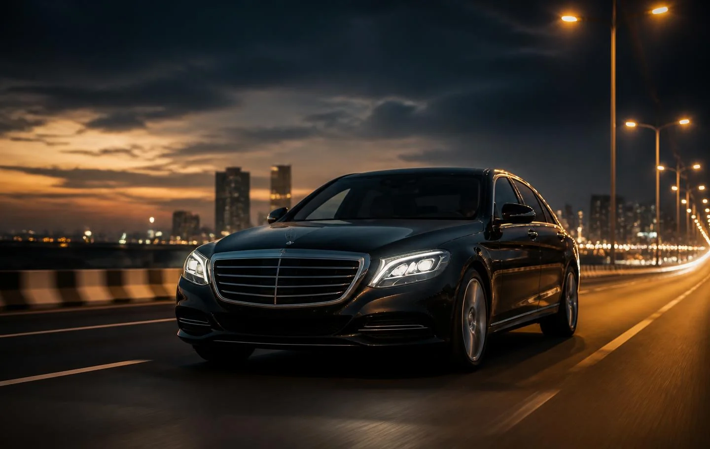 Premium black sedan on a city highway at dusk